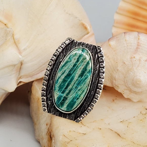 Genuine Amazonite Stone 925  Silver Ring - Picture 1 of 6